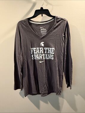 Nike Women’s Long Sleeve V-Neck Tee - Charcoal with Michigan State Print